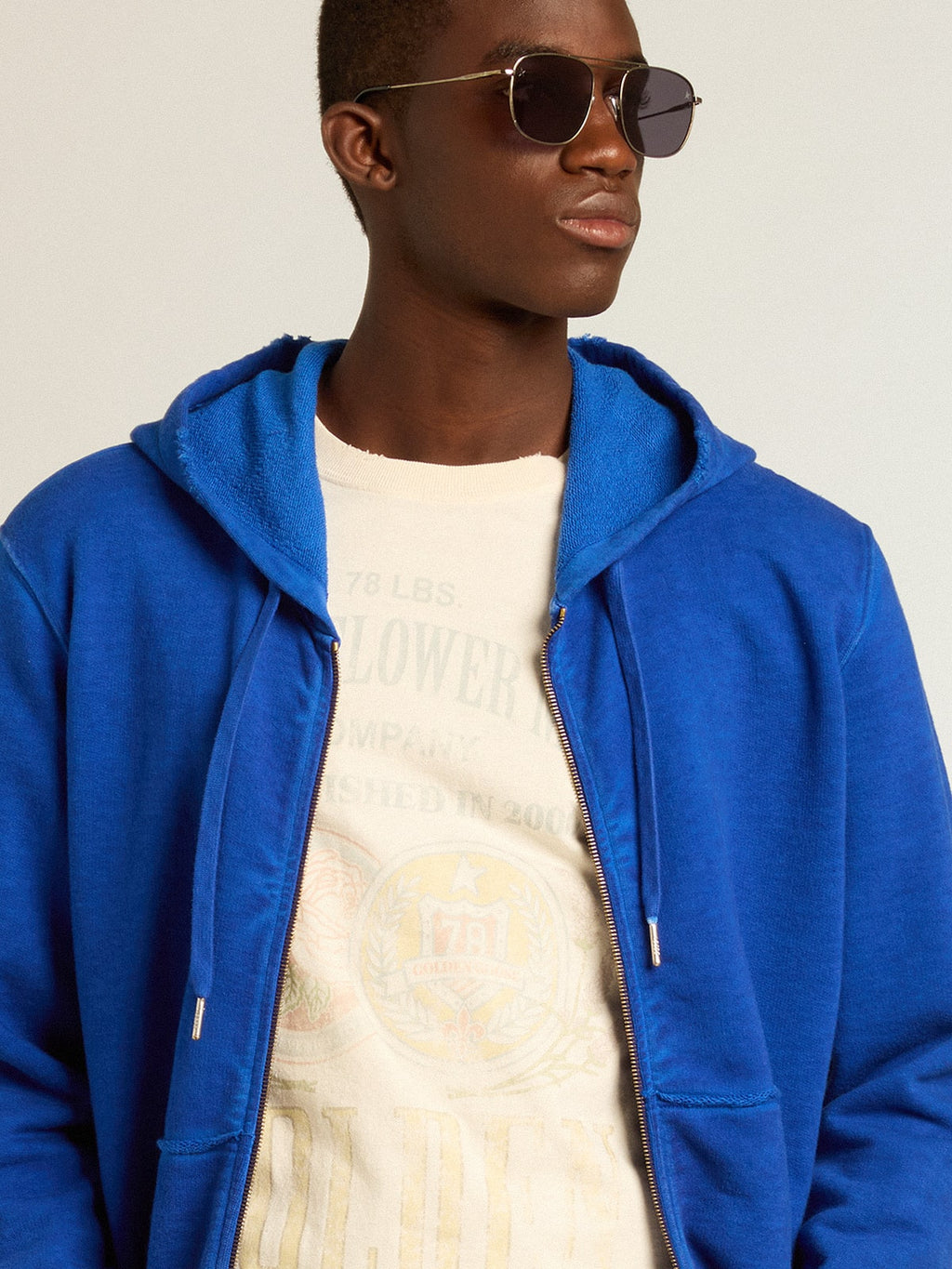 Men's aged white cotton T-shirt with print on the front| Golden Goose