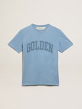 Women's harbor blue T-shirt with tone-on-tone Golden lettering| Golden Goose