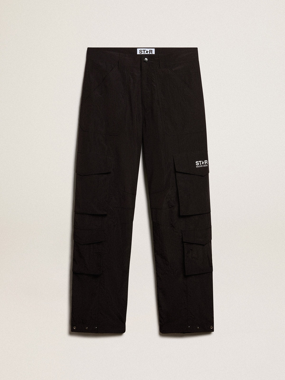Black-colored ripstop nylon cargo pants| Golden Goose
