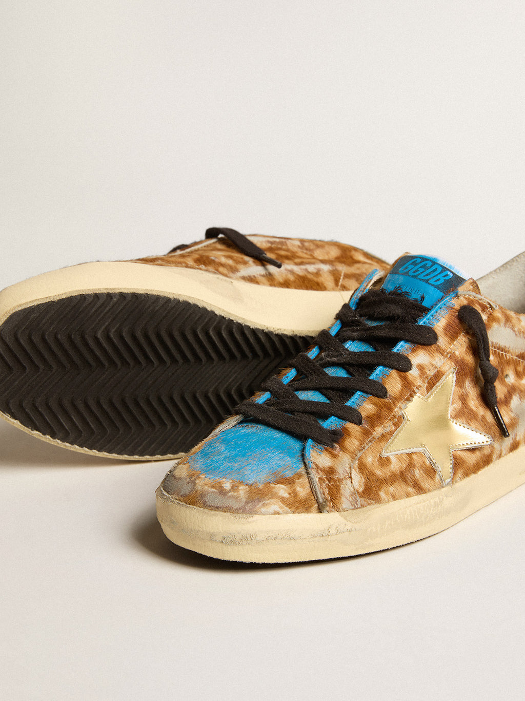 Women's Super-Star LAB in leopard pony skin with gold star and gray heel tab| Golden Goose