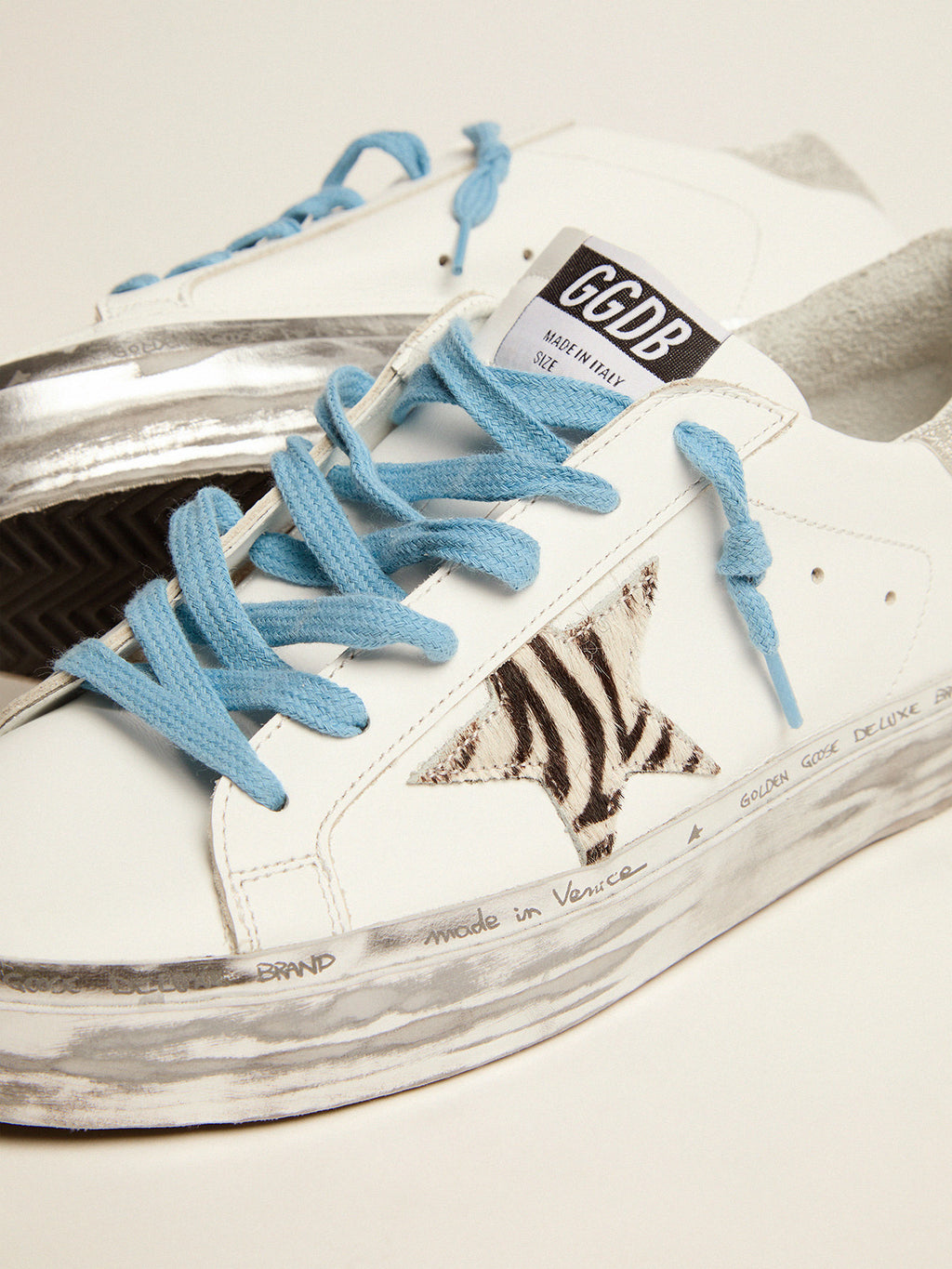 Hi Star sneakers with zebra-print pony skin star and glitter heel tab| Golden Goose